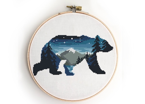 Bear counted cross stitch pattern landscape woodland forest | Etsy