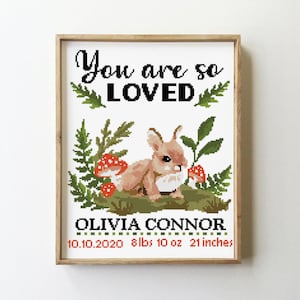 Patrón de punto de cruz para anuncio de nacimiento de conejito / Muestrario de bebé / Decoración de habitación infantil con animales / Gráfico de bordado DIY / Descarga en PDF