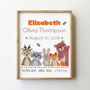 Woodland Animals Birth Announcement Cross Stitch Pattern: Nursery Decor (PDF Pattern)