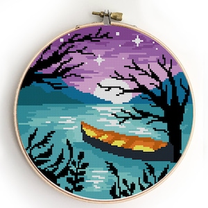 Landschaft Kreuzstich Muster | Fluss-Gebirge Natur Xstitch | Einfache Blumen DIY Chart | Moderne Stickdatei PDF