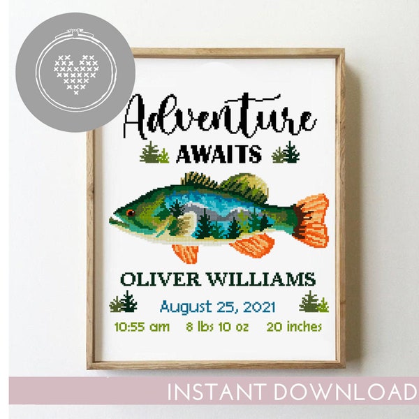 Adventure awaits birth announcement big bass fish fishing landscape nature mountains baby gift - Cross Stitch Pattern (Digital Format - PDF)