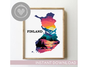 Finland cross stitch pattern count landscape nature xstitch DIY chart silhouette cross stitch - Cross Stitch Pattern (Digital Format - PDF)