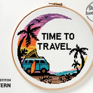 Camping Van Cross Stitch Pattern: Moonlit Landscape (PDF)
