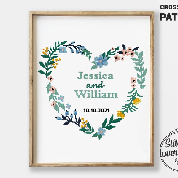 Floral heart cross stitch pattern counted modern chart wedding gift DIY easy xstitch - Cross Stitch Pattern (Digital Format - PDF)