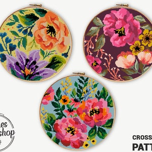 Set van 3 bloemenboeketten kruissteekpatronen geteld xstitch natuur DIY bloemen bladeren grafiek - kruissteekpatroon (digitaal formaat - pdf)