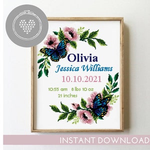 Corona floral con mariposas para anunciar el nacimiento / Patrón de punto de cruz en PDF / Gráfico de bordado DIY contado