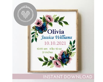 May include: Cross stitch pattern featuring a floral wreath with butterflies, pink flowers, and green leaves. The text reads "Olivia Jessica Williams 10.10.2021 10:55 am 8 lbs 10 oz 21 inches".