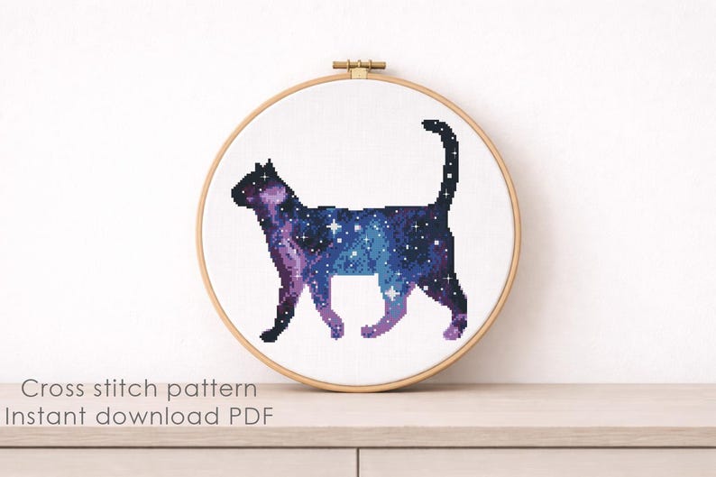 Galaxy Cat Cross Stitch Pattern PDF, Cosmic Cat Embroidery Design, Space Cat Cross Stitch, Celestial Animal Pattern, Instant Download image 8
