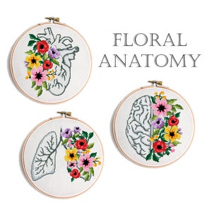 Bloemenanatomie kruissteekpatroonset pdf | Hart Hersenen Longen Botanische Xstitch | Modern medisch borduurwerk | Getelde kaartbundel