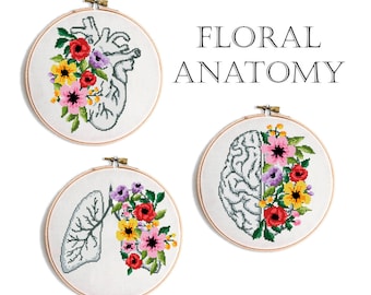 Floral Anatomy Cross Stitch Pattern Set: Heart, Brain, Lungs (PDF)