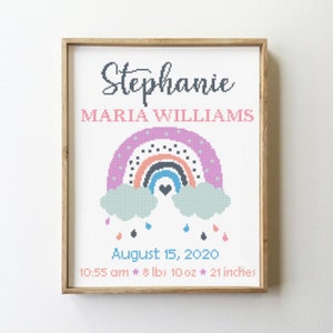 Rainbow birth announcement counted cross stitch pattern nursery decor calligraphy easy design - Cross Stitch Pattern (Digital Format - PDF)