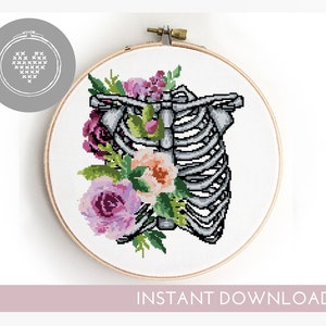 Floral Chest Cross Stitch Pattern PDF | Peony Anatomy Skeleton Design | Realistic Body DIY Xstitch
