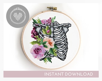 Floral Chest Cross Stitch Pattern PDF | Peony Anatomy Skeleton Design | Realistic Body DIY Xstitch