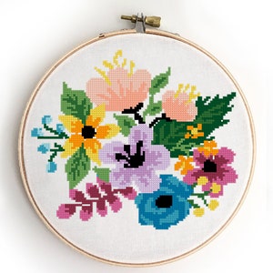 Bloemenboeket geteld kruissteekpatroon bloemen natuur eenvoudig ontwerp grafiek kinderkamerdecoratie cadeau- kruissteekpatroon (digitaal formaat - pdf)