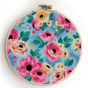 Patrón de punto de cruz floral para boda / Flores de peonía geométricas Xstitch / Gráfico de bricolaje para novias de compromiso / Bordado moderno PDF