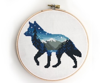 Wolf counted cross stitch pattern animal woodland forest mountains nature wild landscape tree - Cross Stitch Pattern (Digital Format - PDF)