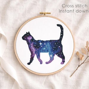 Galaxy Cat Cross Stitch Pattern PDF, Cosmic Cat Embroidery Design, Space Cat Cross Stitch, Celestial Animal Pattern, Instant Download image 3