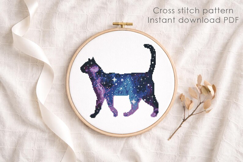 Galaxy Cat Cross Stitch Pattern PDF, Cosmic Cat Embroidery Design, Space Cat Cross Stitch, Celestial Animal Pattern, Instant Download image 3