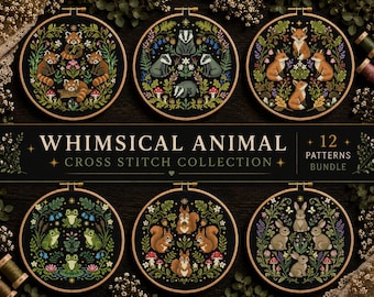 May include: A collection of six circular wooden embroidery hoops featuring cross-stitch designs of red pandas, badgers, foxes, frogs, squirrels, and rabbits surrounded by foliage. The text reads WHIMSICAL ANIMAL CROSS STITCH COLLECTION 12 PATTERNS BUNDLE.