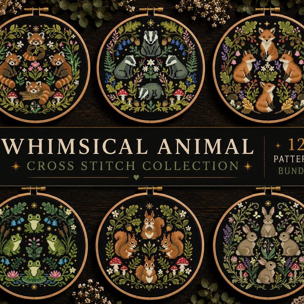 Paquete de patrones de punto de cruz de animales del bosque, 12 diseños modernos de la naturaleza (descarga en PDF)