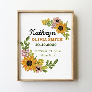 Padrão de ponto cruz de guirlanda de girassol | Presente de bebê | Anúncio de nascimento | Decoração floral para quarto de bebê | Amostra personalizada | Gráfico de bordado em PDF