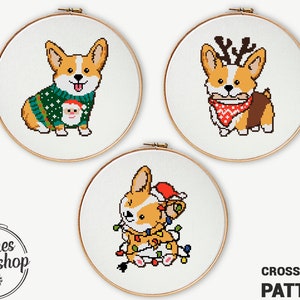 Corgis-kruissteekset kerst | Grappige hondenpatronen | Gemakkelijke doe-het-zelf dierendecoratie | Getelde xstitch-pdf