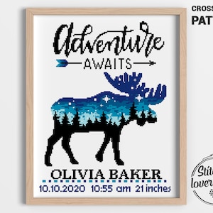 Patrón de punto de cruz para anuncio de nacimiento de alce (PDF) / Muestrario de alce bebé / Guardería de animales del bosque (Xstitch) / Gráfico contado DIY