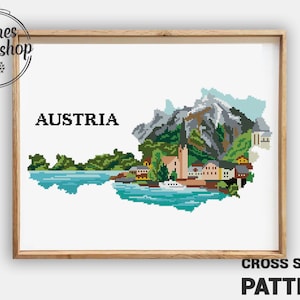 Österreich Kreuzstichmuster PDF | Silhouette Landschaft Kreuzstich | Natur Berg Motiv | Gezählte DIY Stickdatei