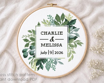 Greenery Wedding Wreath Cross Stitch Pattern, Eucalyptus Floral Hoop PDF, Modern Wedding Sampler, Personalized Couple Names Date