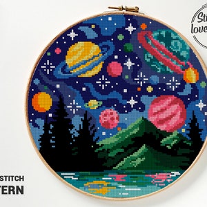 Planets Cross Stitch Pattern | Modern Space DIY Chart | Easy Counted Xstitch Design | Galaxy Embroidery PDF
