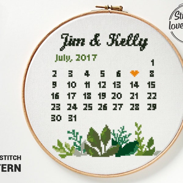 Wedding calendar cross stitch pattern modern love anniversary custom floral wreath flower - Cross Stitch Pattern (Digital Format - PDF)