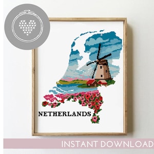 Netherlands cross stitch pattern count landscape nature xstitch DIY chart silhouette Europe - Cross Stitch Pattern (Digital Format - PDF)