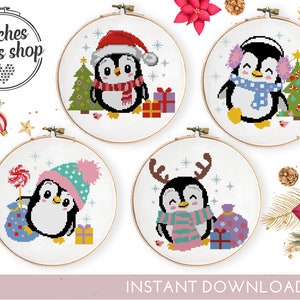 Set of 4 penguins counted cross stitch pattern Christmas animal xmas gift xstitch chart DIY - Cross Stitch Pattern (Digital Format - PDF)