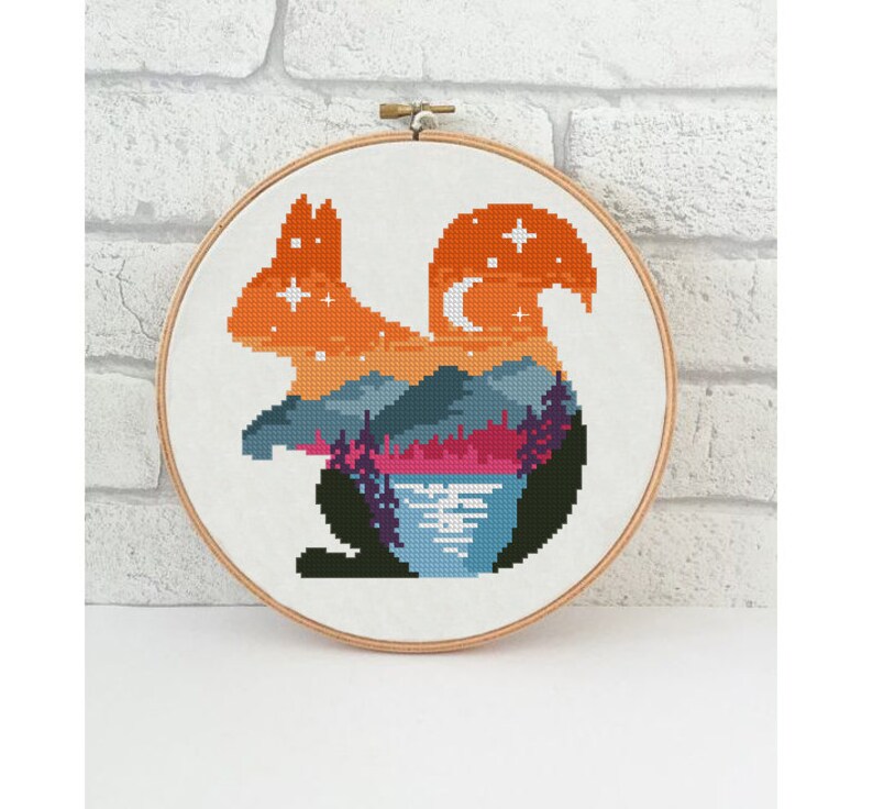 Squirrel counted cross stitch pattern animal woodland landscape forest mountains nature wild Cross Stitch Pattern Digital Format - PDF