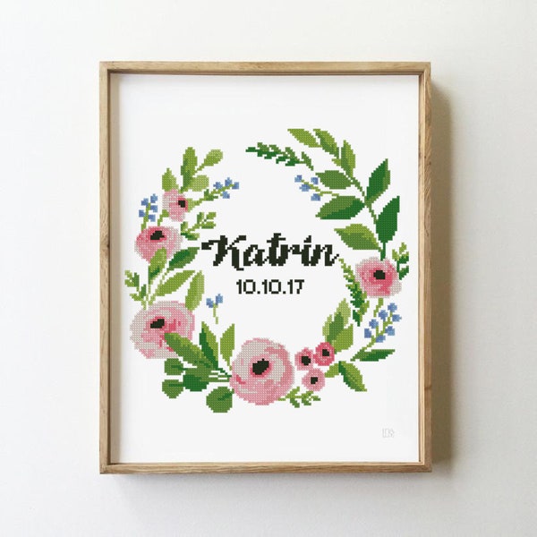 Floral birth announcement flowers baby girl sampler decor nursery calligraphy custom shower - Cross Stitch Pattern (Digital Format - PDF)