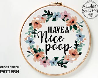Funny Bathroom Cross Stitch Pattern: Floral Wreath, Toilet Humor (PDF Pattern)