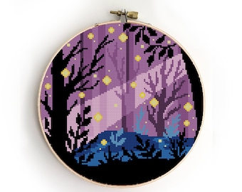 Moonlit Forest Cross Stitch Pattern: Landscape Needlepoint (PDF Pattern)