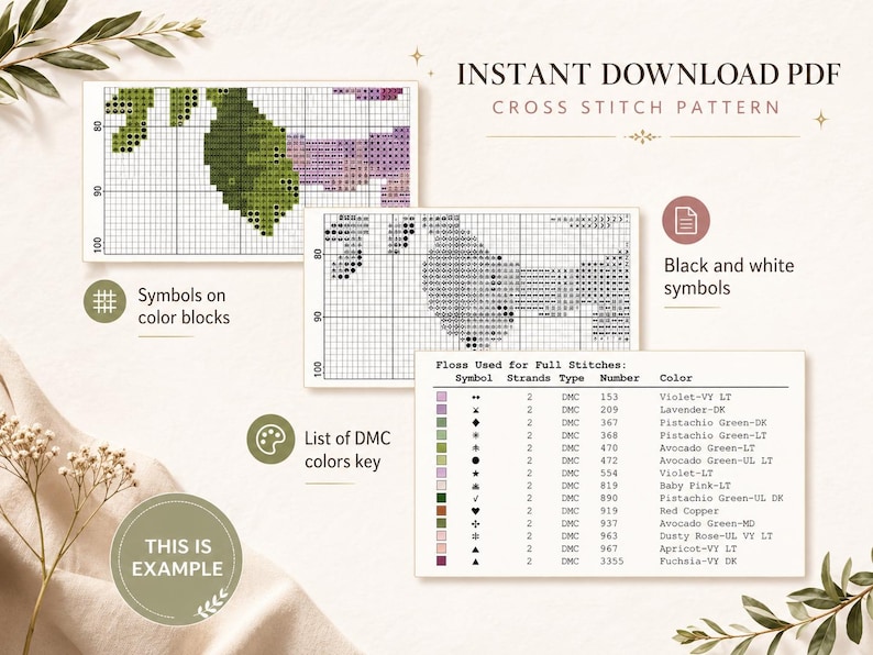 May include: An instant download PDF cross stitch pattern with a floral design. The image includes a color key, black and white symbols, and symbols on color blocks. The color key lists DMC floss colors.