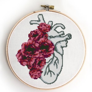 Floral Heart Cross Stitch Pattern: Realistic Peony Anatomy (PDF)