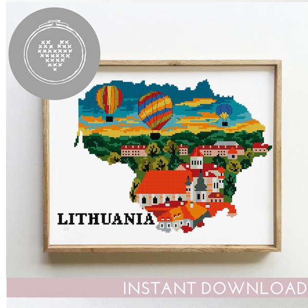 Lithuania cross stitch pattern count landscape nature xstitch DIY chart silhouette Europe - Cross Stitch Pattern (Digital Format - PDF)