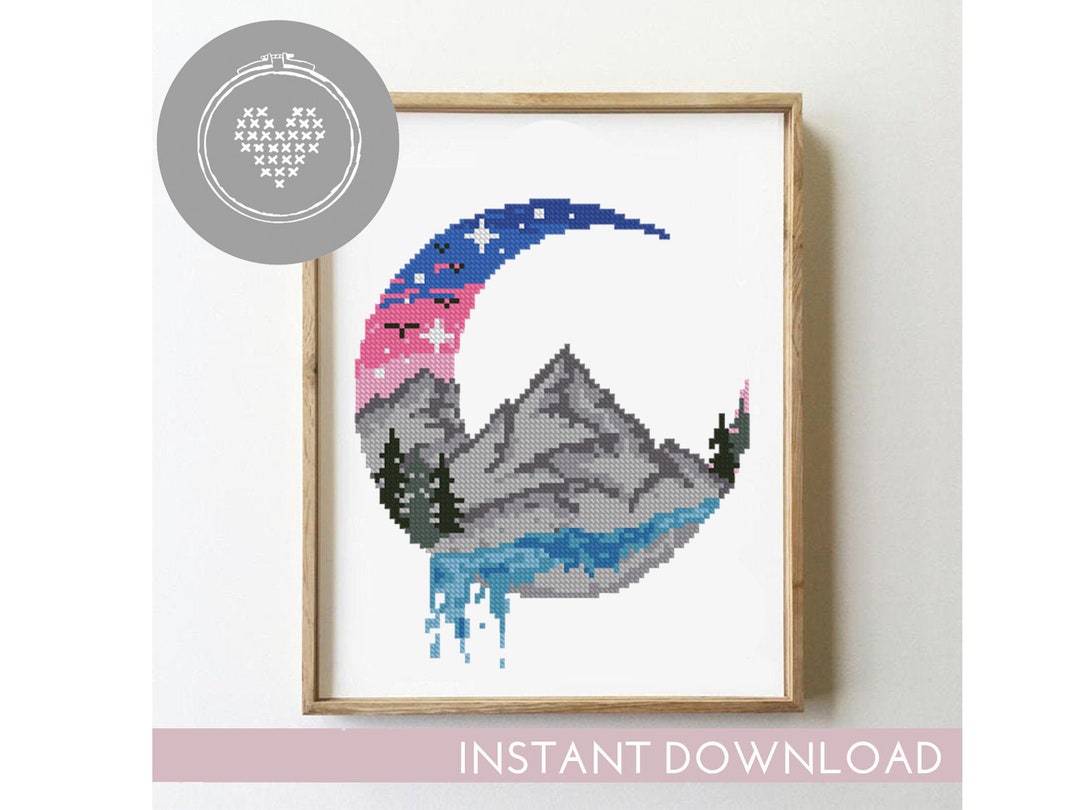 Mountain Landscape Cross Stitch Pattern PDF | Starry Sky Forest Camping ...
