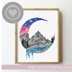 Berglandschaft Kreuzstichmuster PDF | Sternenhimmel Wald Camping | Moderne Natur DIY-Chart