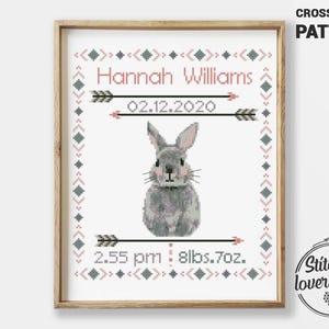 Padrão de ponto cruz para anúncio de nascimento de coelho em PDF | Amostra personalizada para bebê | Berçário de coelho fofo em Xstitch | Gráfico de contagem faça você mesmo