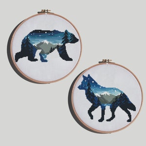 Kruissteekpatroon beer en wolf: bosdieren (pdf-patroon)