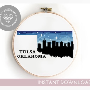 Oklahoma State Kreuzstich Tulsa Landkarte Silhouette USA Sternennacht Galaxie moderne Stadt Landschaft - Kreuzstich-Muster (Digitalformat - PDF)
