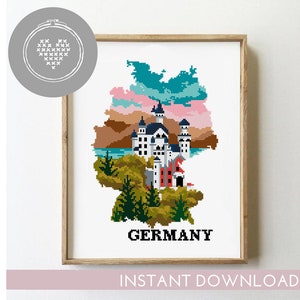 Patrón de punto de cruz de Alemania (PDF) / Paisaje con silueta de castillo / Escena de viaje natural / Gráfico de punto de cruz DIY contado