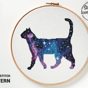 Galaxy kat kruissteekpatroon pdf | Modern eenvoudig ontwerp | DIY-kaart sterrenhemel | Geteld x-steekpatroon