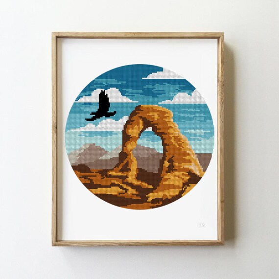 アーチーズ国立公園のクロスステッチパターン - ユタ州の風景、鳥（PDF