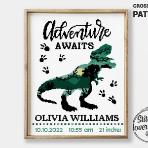 Padrão de ponto cruz de dinossauros | Gráfico faça você mesmo fácil | Amostra de anúncio de nascimento | Decoração de quarto de bebê em PDF