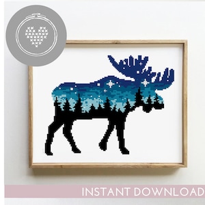 Elch Kreuzstich Muster PDF | Sternenklare Nacht Wald Silhouette | Bergtier-Motiv | DIY Natur Zählmuster